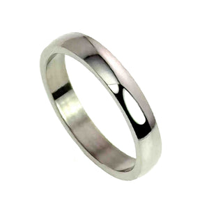 1 of 9: Angled side view of a 4mm polished stainless steel domed ring on a white background. Strong reflections move across the hand polished surface, showing the slim band, rounded exterior, and flat interior.