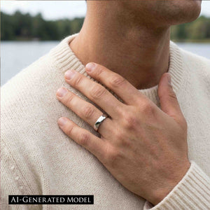 2 of 9: Man in a cream knit sweater rests his hand near his neck while wearing a polished stainless steel domed ring on his ring finger. The reflective silver band catches soft outdoor light beside a blurred lake and trees. A label reads AI GENERATED MODEL.