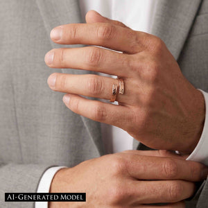 6 of 9: Close view of a man wearing the bronze bypass ring with a light gray suit and white shirt. The ring’s warm color and textured open ends create a stylish contrast against the tailored clothing. AI Generated Model.