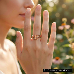 6 of 9: Hand wearing the 5.5mm bark copper bypass ring in a garden setting with blurred flowers, showing the warm polished copper, hand applied bark texture, open wrap style, and easy everyday look.  AI Generated Model.