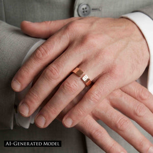 6 of 9: Man wearing a 5.5mm bark copper cuff ring with a light gray suit and white shirt, showing the open textured ends and polished copper finish as his hands rest together in a formal setting.  AI Generated Model.