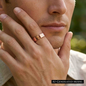 4 of 9: Close view of a man wearing a polished bark textured copper cuff ring on his finger while resting his hand against his face outdoors, showing the ring’s open design, warm copper tone, and unisex styling.  AI Generated Model.