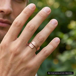 8 of 8: Close view of a man wearing a chased copper bypass ring outdoors. The open ring sits on the ring finger with overlapping textured ends, a polished warm copper finish, and a softly blurred green garden in the background.  AI Generated Model.