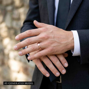 4 of 8: Lifestyle photo of a man in a dark suit wearing a 5.5mm chased copper cuff ring. His hands are gently crossed, showing how the polished copper ring works with formal clothing and business wear.  AI Generated Model.