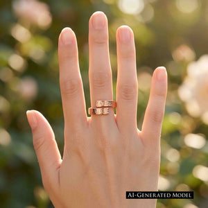 5 of 8: Woman’s hand wearing a handmade 5.5mm linen copper bypass ring with a textured finish. The solid copper ring wraps gently around the finger with an open bypass design that catches warm natural sunlight against a soft blurred outdoor background.  AI Generated Model.