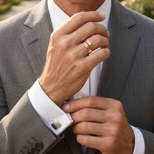 3 of 8: Man wearing a handcrafted 5.5mm linen copper bypass ring with a gray business suit and white dress shirt. The textured solid copper ring adds a modern artisan touch to a polished business casual outfit.