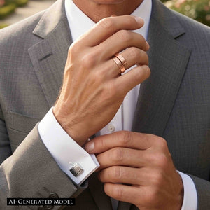 3 of 8: Man wearing a handcrafted 5.5mm linen copper bypass ring with a gray business suit and white dress shirt. The textured solid copper ring adds a modern artisan touch to a polished business casual outfit.  AI Generated Model.