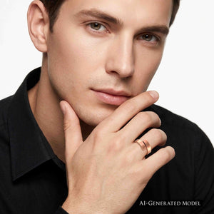 2 of 9: Man wearing a matte copper bypass ring with a black shirt, showing the unisex open wrap design, brushed copper finish, and sleek modern look.  AI Generated Model.
