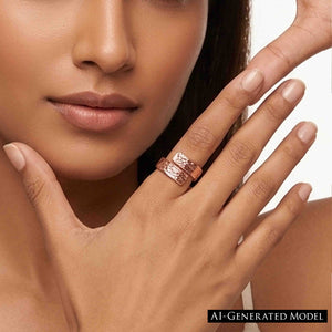 4 of 9: Woman wearing a 5.5mm texturized copper bypass ring near her face, showing the ring’s warm copper tone, open wrap shape, polished edges, and hand chased textured surface.  AI Generated Model.