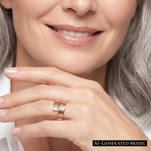 8 of 9: Smiling woman wearing a 5.5mm texturized copper bypass ring, styled as an everyday handmade copper ring with a polished finish, textured surface, and open bypass design.  AI Generated Model.