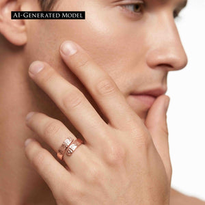 2 of 9: Model wearing a 5.5mm texturized copper bypass ring on the finger, shown close to the face to highlight the warm copper color, polished shine, open wrap design, and hand chased texture.  AI Generated Model.