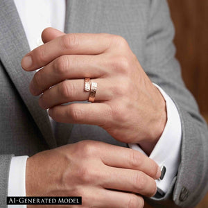 6 of 9: Man in a gray suit wearing a 5.5mm texturized copper bypass ring, showing the unisex ring’s polished copper finish, textured surface, and modern open wrap style for dress wear.  AI Generated Model.