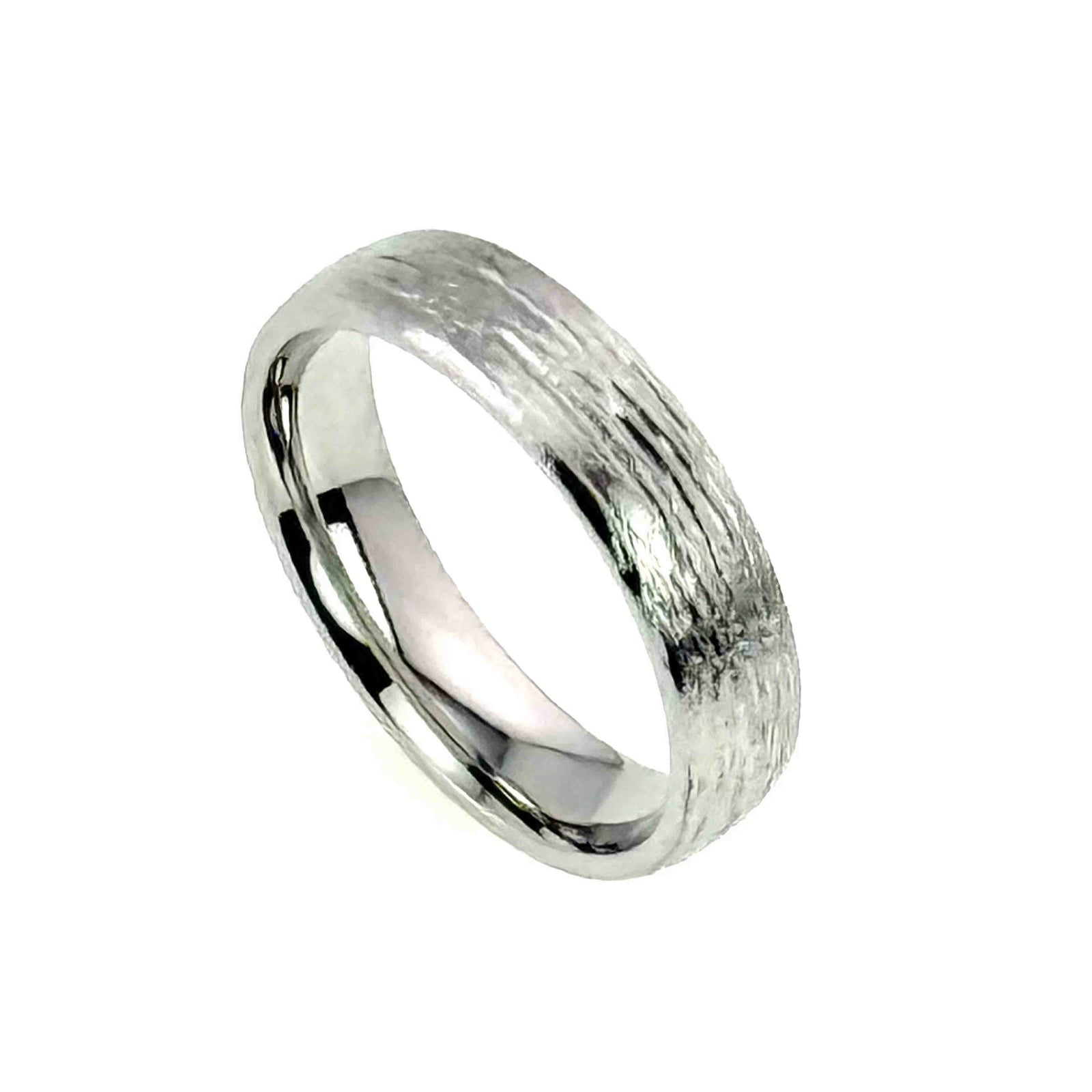 A handcrafted unisex stainless steel ring with a polished, domed interior and a hand-carved bark texture on the outer surface. The ring measures 5mm in width and 2mm in thickness, featuring a comfort fit design. Made from 316L surgical stainless steel, the ring has a subtle shine that contrasts with the organic, tree bark-inspired pattern. The photo shows the ring angled to highlight both the reflective interior and the textured exterior, against a plain white background.