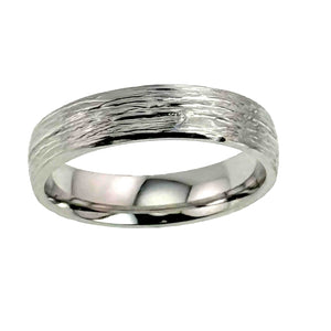 7 of 9: A close-up image of a 5mm wide stainless steel ring featuring a hand-carved bark texture on the outer surface. The ring has a domed interior with a polished, reflective finish, providing a comfortable fit. Crafted from 316L surgical stainless steel, the ring showcases a natural, woodgrain-inspired pattern with fine, organic lines. The ring is positioned upright against a plain white background, clearly displaying the contrast between the rugged exterior texture and the smooth, shiny inner band.