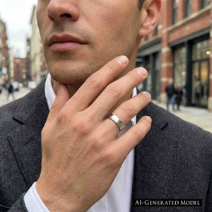 6 of 8: Man dressed in a dark coat wearing a polished 5mm chased stainless steel comfort fit ring on his ring finger. His hand is raised near his chin on a city street, showing the reflective silver tone band in an everyday setting.  AI Generated Model.