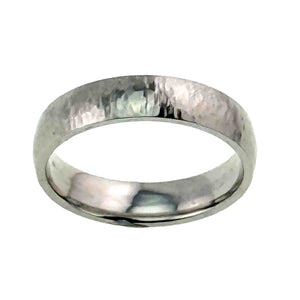 3 of 8: Front product view of a polished 5mm chased stainless steel comfort fit ring on a white background. The silver tone band has a gently rounded shape, a smooth inner surface, and a hand applied chased texture across the outer surface.