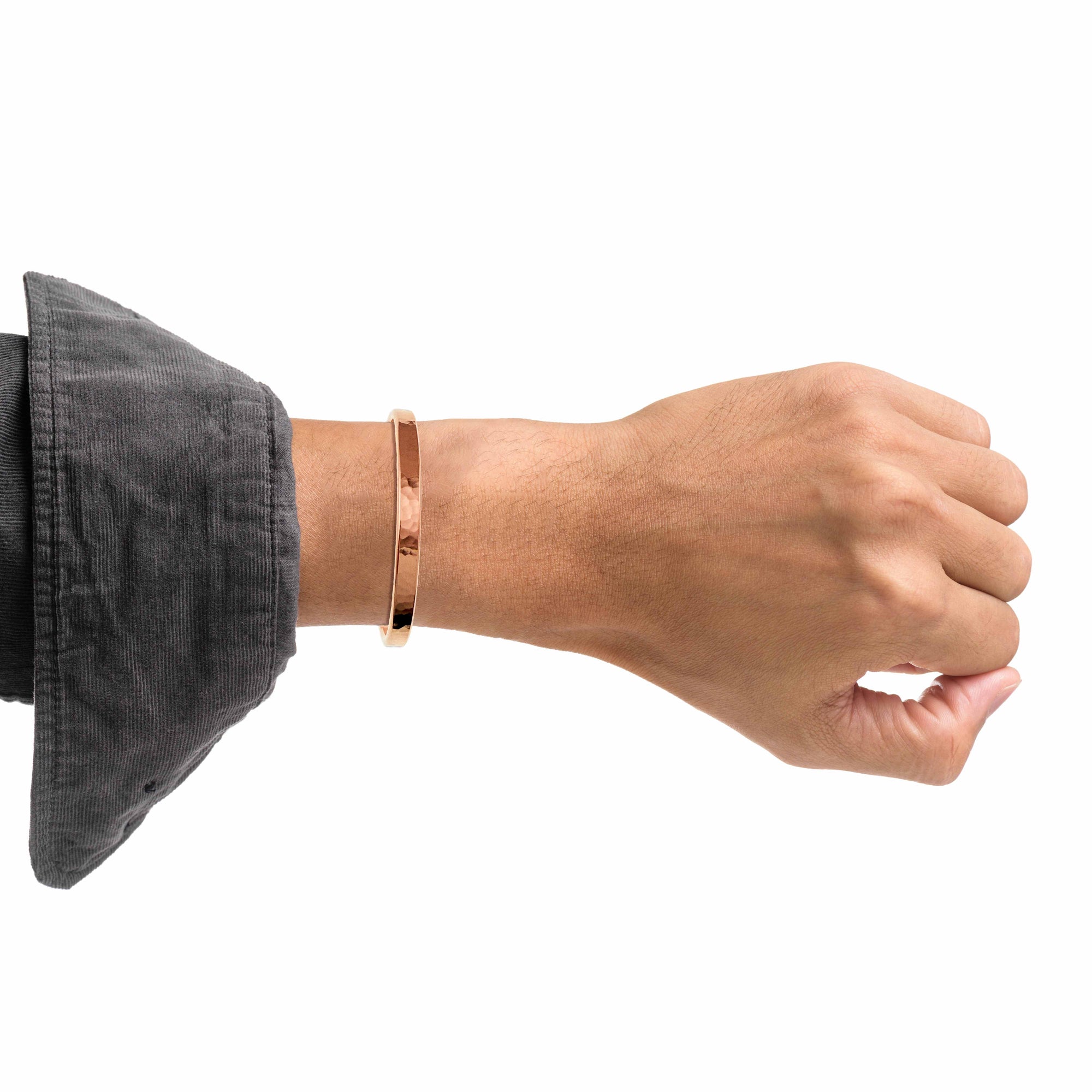 5mm Wide Hammered Copper Cuff Bracelet on a Man's Wrist