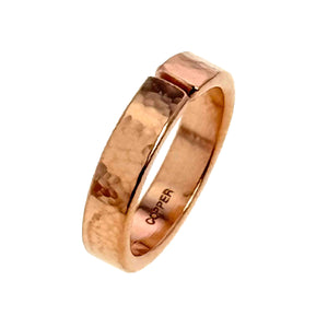 3 of 9: Side-angle view of the 5mm Hammered Copper Cuff Ring, showing its thickness, open design, and natural copper shine.