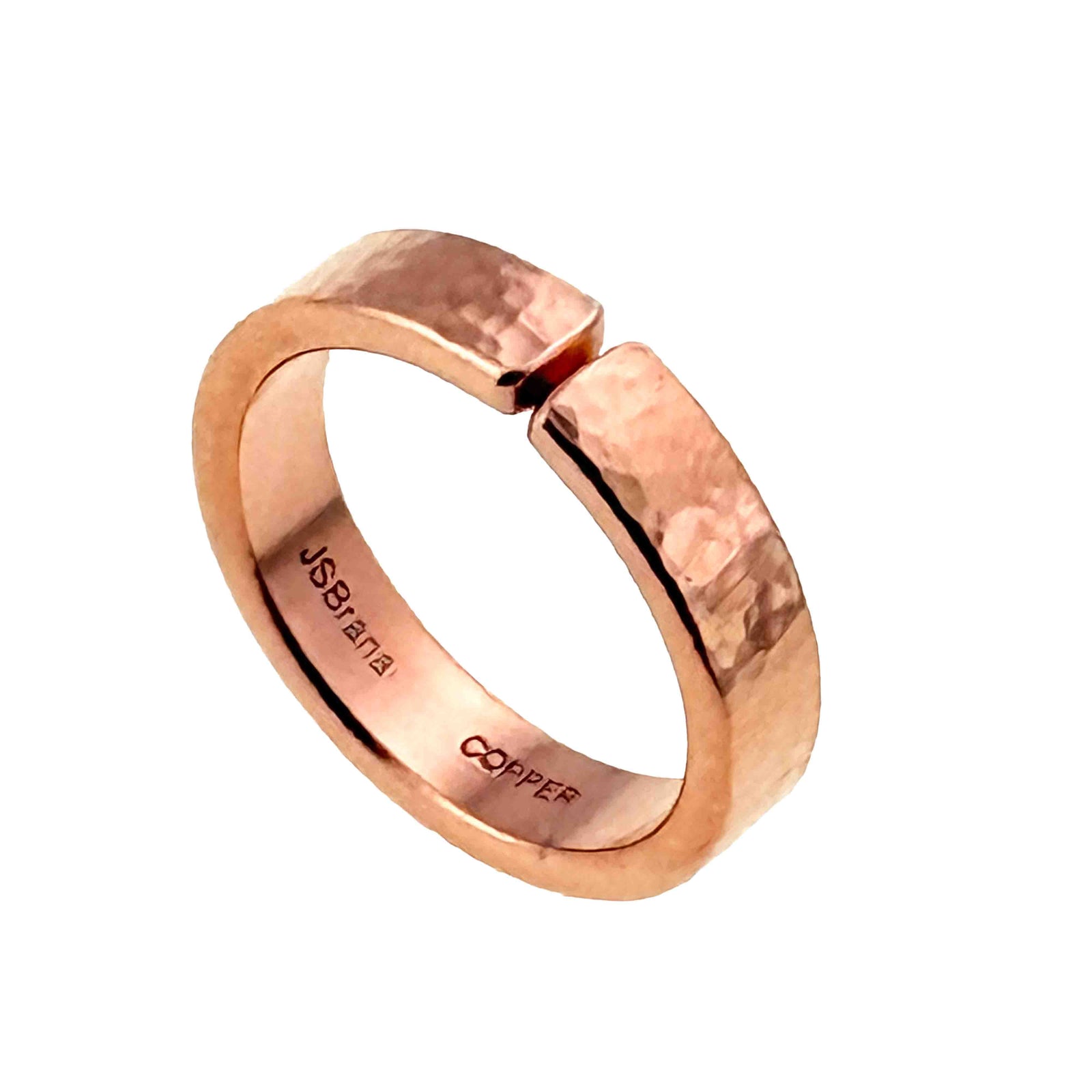 Close-up of a 5mm Hammered Copper Cuff Ring by John S. Brana, featuring a hand-hammered texture and open cuff design.