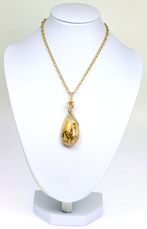 3 of 4: Dendritic Quartz 14K Gold-filled Wrapped Pendant with Chain on a White Neck Display