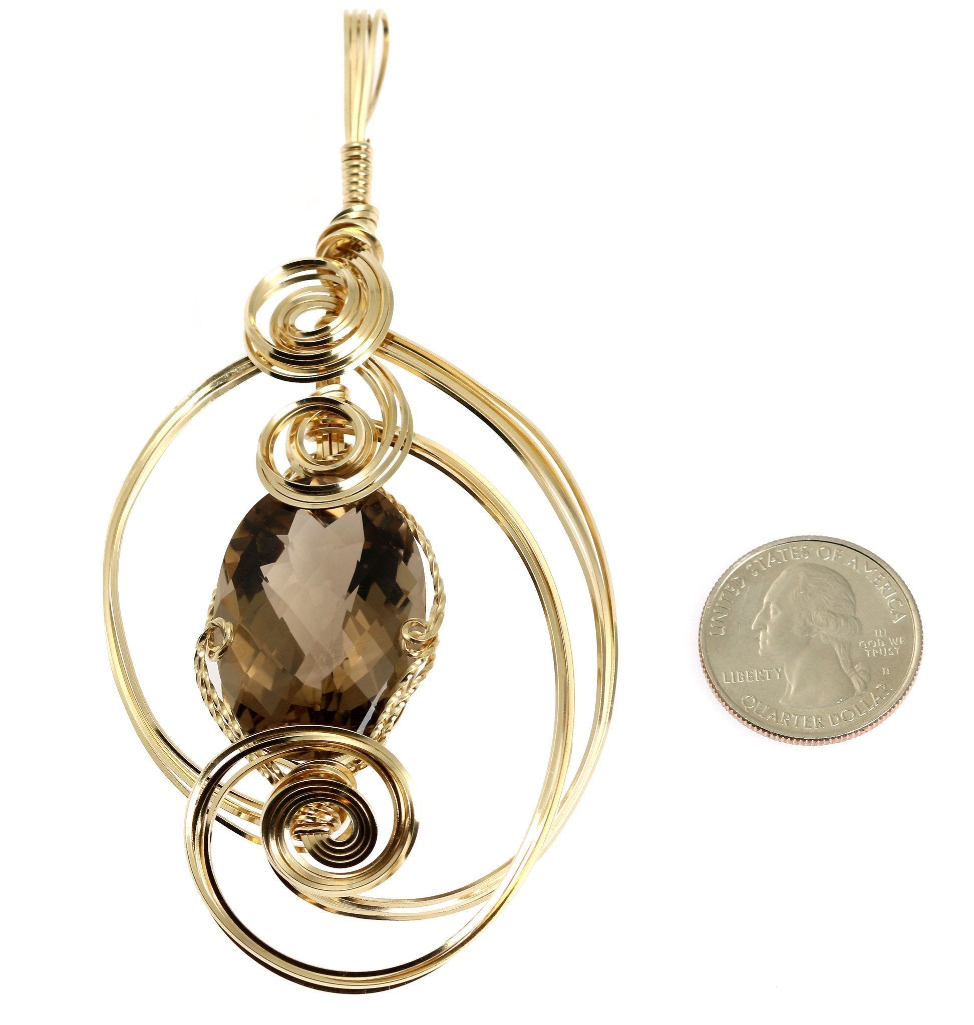 Size of 65 CT Smoky Quartz 14K Gold-filled Wrapped Pendant compared to a US Quarter Coin