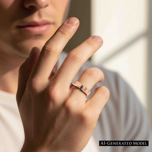 2 of 9: Close-up lifestyle image of a man wearing a 6mm solid bronze cuff ring with a bark-textured finish. The open band design features a small gap at the top, showing its adjustable style. The warm coppery bronze contrasts softly with the wearer’s light skin tone. The person’s face is partially visible in the background, softly lit by natural light, creating a clean, modern, unisex look.  AI Generated Model.