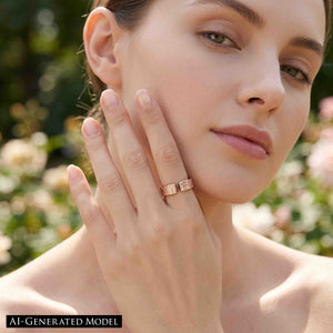 2 of 9: 6mm linen bronze cuff ring worn on a woman’s hand near her face outdoors, showing the warm polished bronze finish, open textured band, soft linen pattern, and elegant everyday style.  AI Generated Model.
