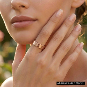 8 of 10: Close view of a woman wearing a handmade 6mm matte bronze cuff ring outdoors, with her hand resting near her cheek and warm natural light highlighting the open band and brushed finish.  AI Generated Model.