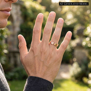 6 of 10: Close view of a man wearing a handmade 6mm matte bronze cuff ring outdoors, with his hand raised in natural light and a softly blurred garden in the background.  AI Generated Model.
