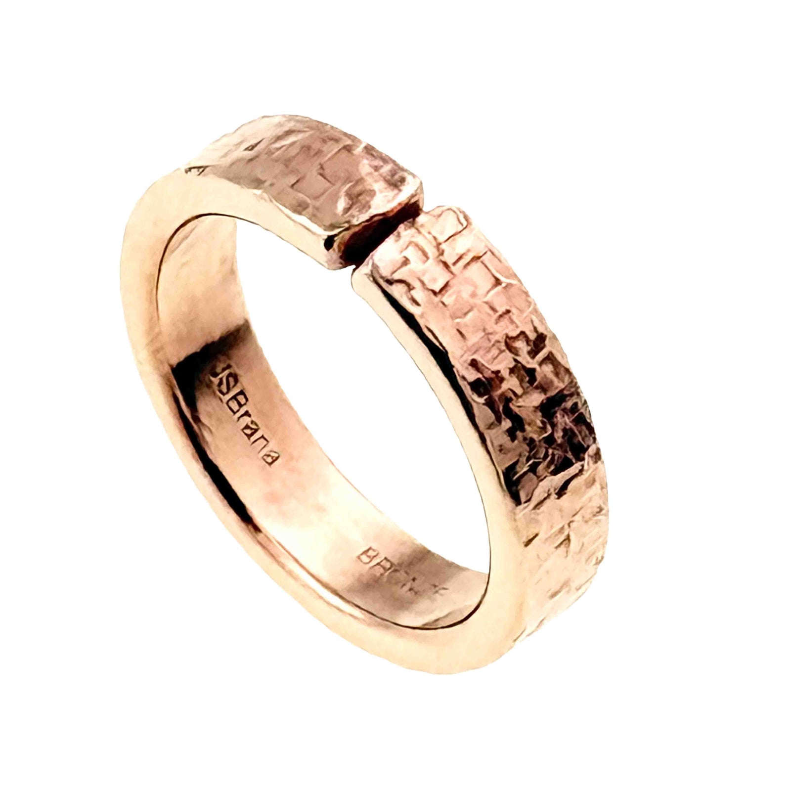 6mm texturized bronze cuff ring with hand-applied bark finish, open cuff design, warm golden bronze tone, smooth inner band, and John S. Brana maker’s mark, shown on a clean white background.