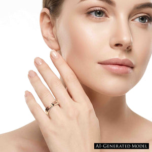 7 of 8: Woman wearing a 6mm texturized bronze cuff ring with an open gap and hand-applied bark finish on her ring finger. The warm bronze ring is styled with a clean beauty look against a white background.  AI Generated Model.