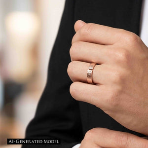 6 of 8: Hand wearing a 6mm texturized bronze cuff ring with an open design and hand-applied bark finish. The warm bronze ring is shown on the ring finger against a soft blurred background and dark clothing.  AI Generated Model.
