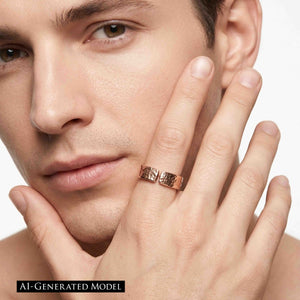 2 of 8: Man wearing a 6mm texturized bronze cuff ring with an open gap and hand-applied bark finish on his ring finger. The warm bronze ring adds a rugged, modern accent against a clean white background.  AI Generated Model.