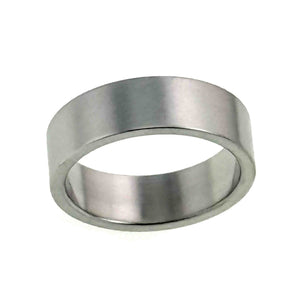 3 of 8: Matte stainless steel flat band ring with a 7mm wide profile, shown front facing on a white background with brushed silver finish and flat inner and outer surfaces.