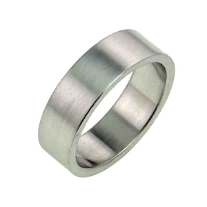 5 of 8: Angled view of a 7mm matte stainless steel flat band ring showing its brushed finish, smooth edges, and flat interior on a clean white background.