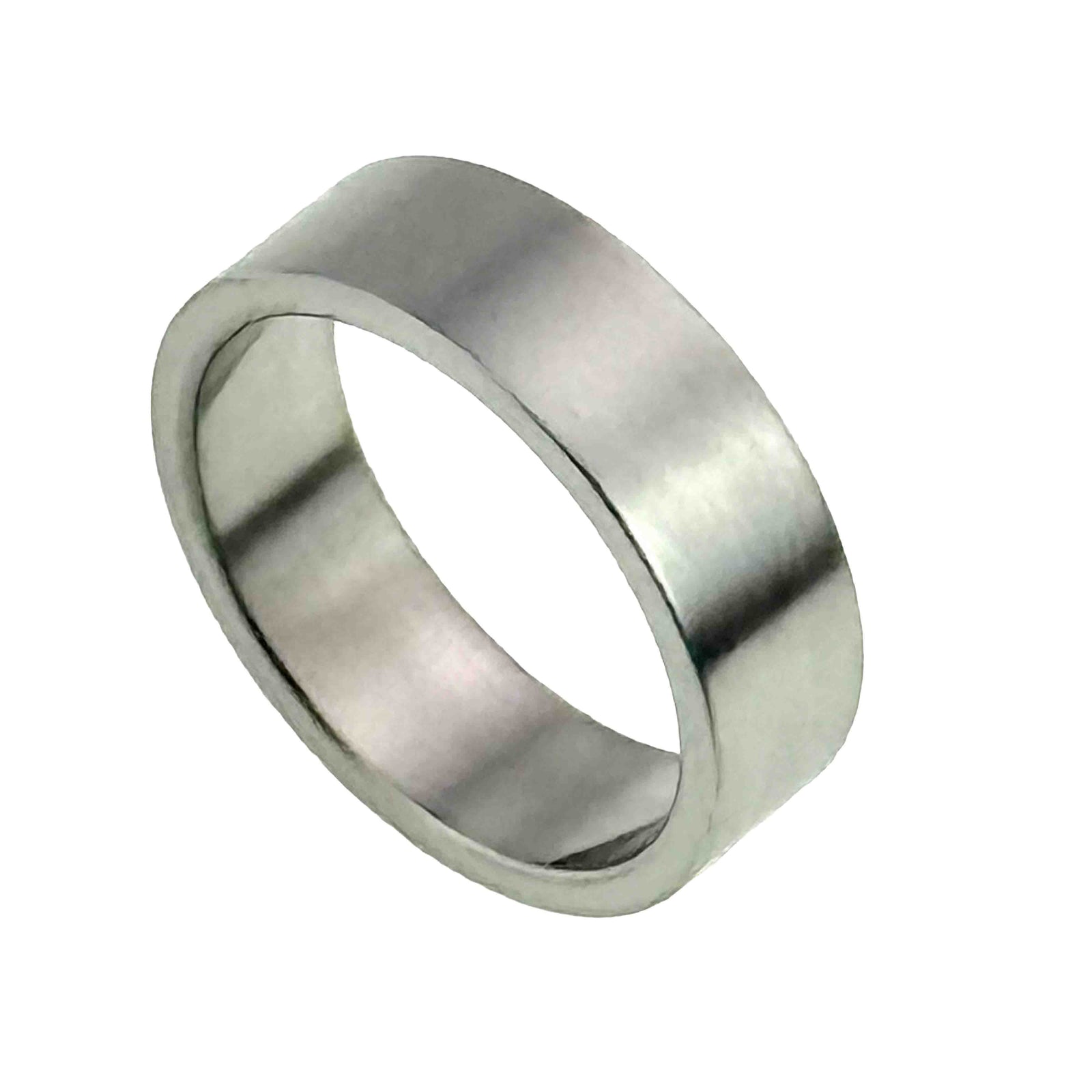 Matte stainless steel flat band ring shown at a side angle, highlighting the wide flat shape, soft brushed texture, and smooth inner surface.