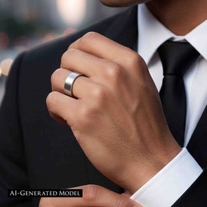 4 of 8: Man in a suit wearing a 7mm matte stainless steel flat band ring, styled as a modern unisex wedding, engagement, or anniversary band.  AI Generated Model.