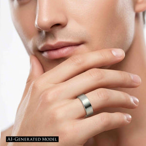 8 of 8: Man wearing a 7mm matte stainless steel flat band ring on his finger, styled with a clean modern look against a close cropped face and hand pose.  AI Generated Model.