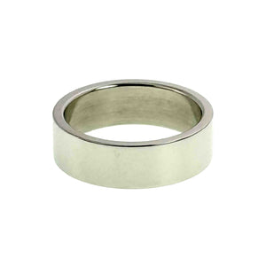 5 of 9: Polished 7mm stainless steel flat band ring shown upright on a white background, with a smooth flat exterior, flat interior surface, rounded edges, and clean reflective silver finish.