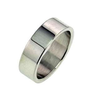 7 of 9: Polished 7mm stainless steel flat band ring shown at an angle on a white background, with a smooth flat exterior, flat inner surface, rounded edges, and mirror like silver reflections.