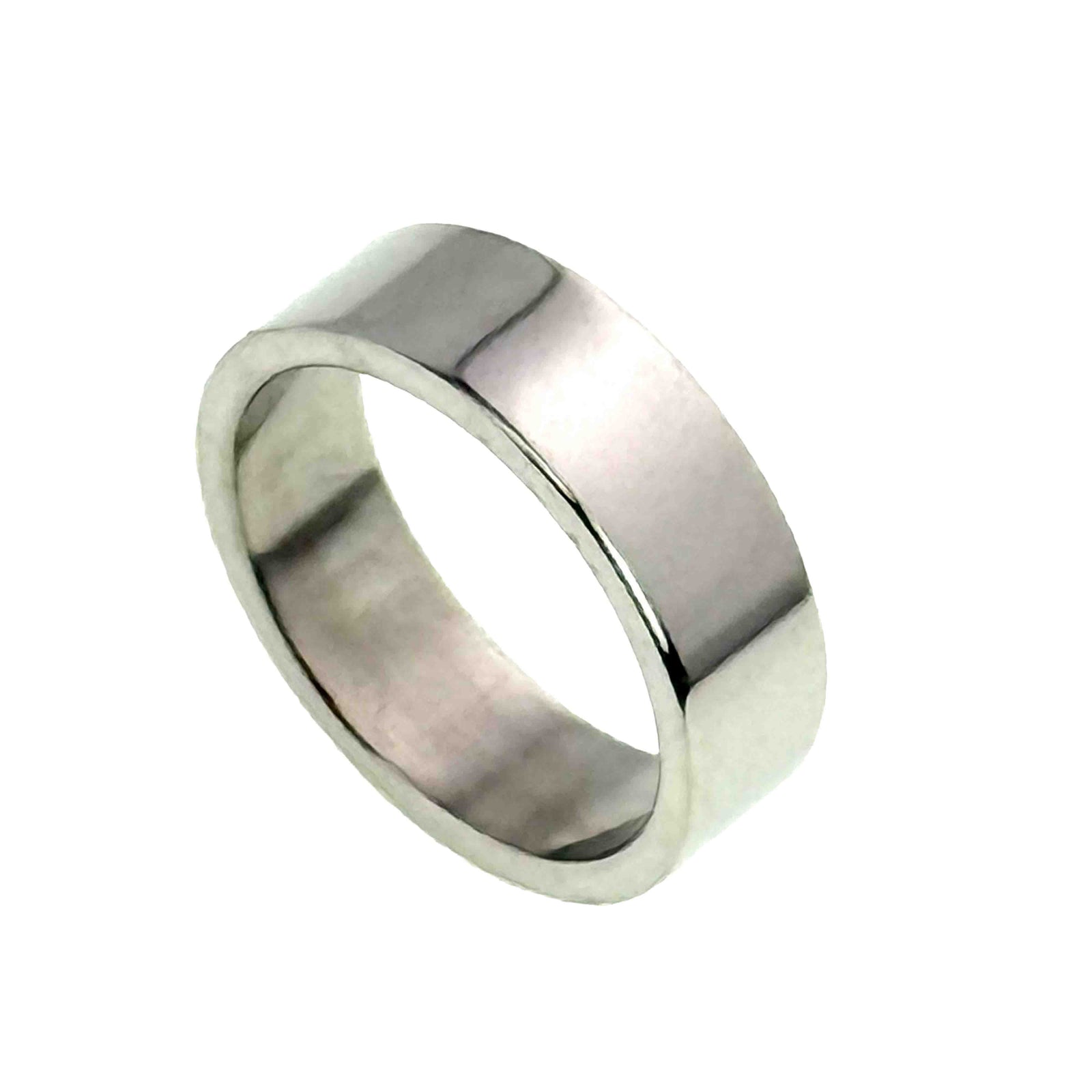 Polished 7mm stainless steel flat band ring with mirror like shine, flat inner and outer surfaces, rounded edges, and a sleek unisex design shown at an angle on a white background.
