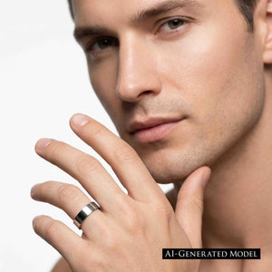 2 of 9: Polished stainless steel flat band ring worn on a man’s finger near his face, featuring a wide smooth profile, reflective silver finish, flat surface, and modern unisex style against a clean white background.  AI Generated Model.