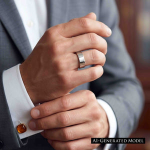 8 of 9: Polished stainless steel flat band ring worn on a man’s finger as he adjusts a white shirt cuff under a gray suit jacket with amber cufflink, creating a refined formal look.  AI Generated Model.