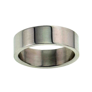 3 of 9: Polished stainless steel flat band ring shown front facing on a white background, featuring a wide 7mm profile, flat outer surface, smooth flat interior, rounded edges, and reflective silver shine.