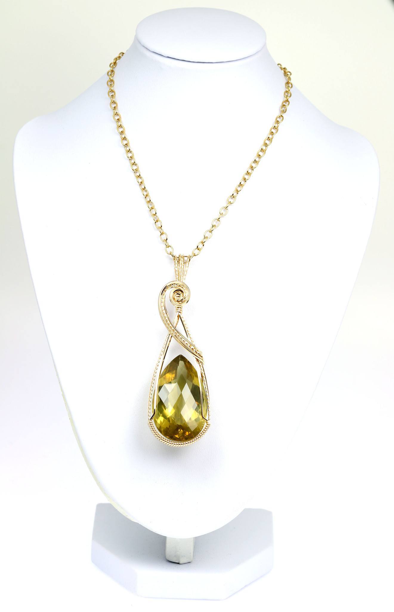 Green Gold Quartz 14K Gold-filled Pendant with Gold Chain on a White Neck Display