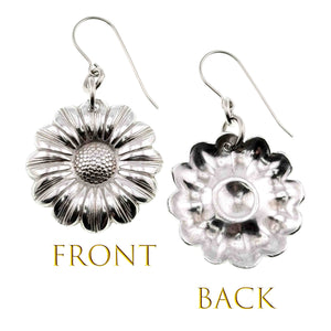 3 of 8: Silver flower-shaped earrings showing front and back views on a white background.