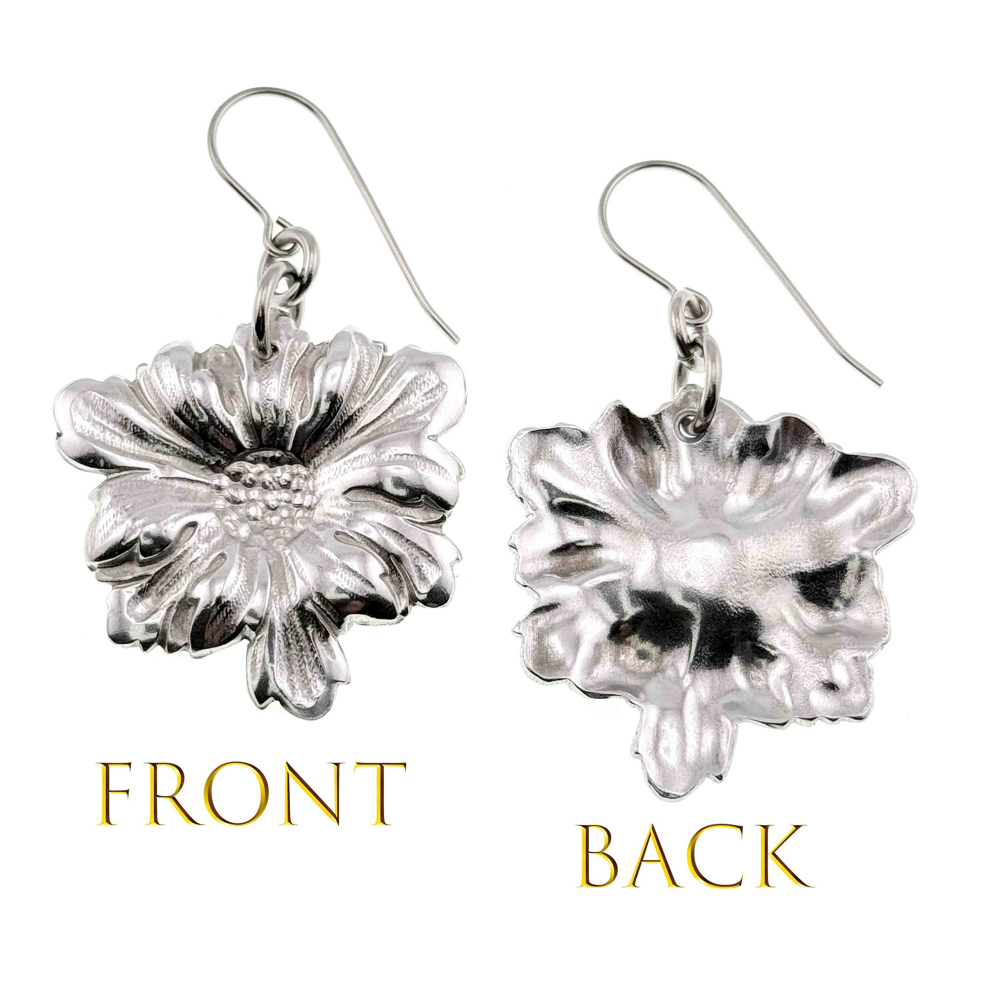 Front and Back Views of Dogwood Blossom Aluminum Drop Earrings