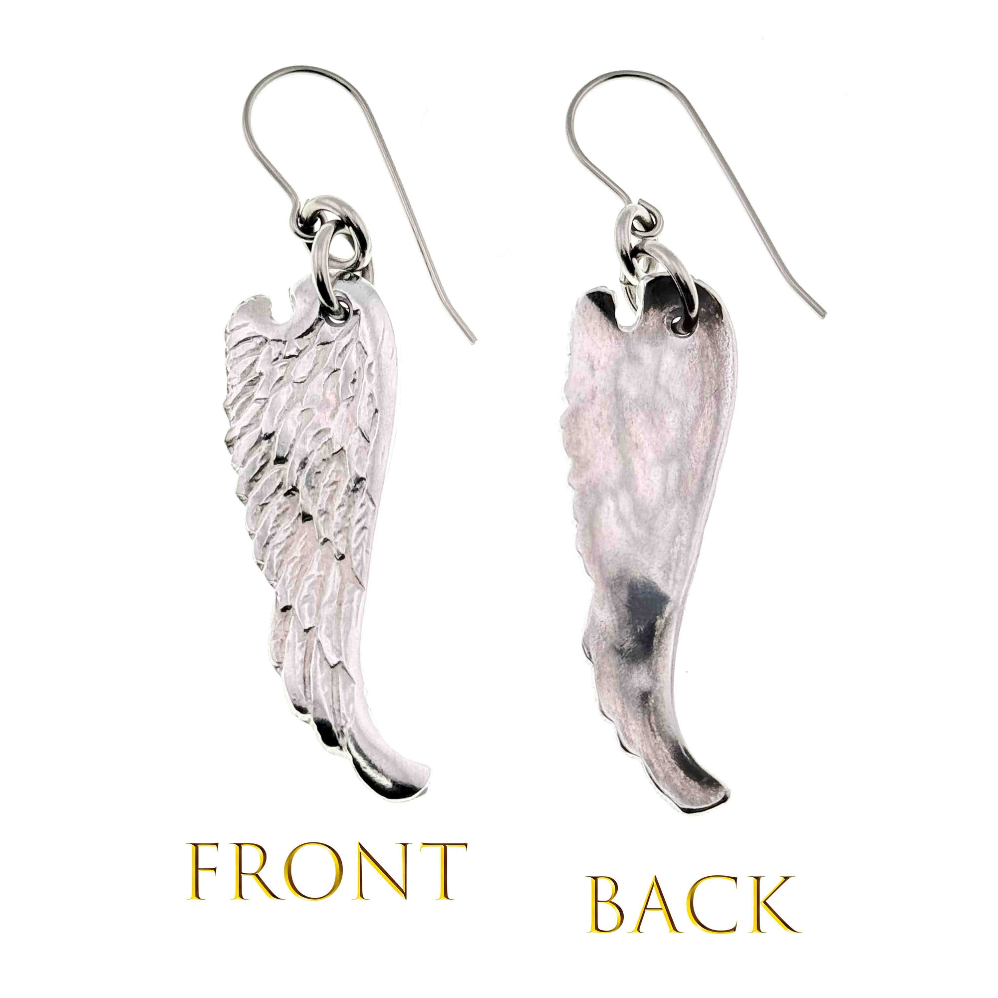 Aluminum Guardian Angel Wing Drop Earrings showing front and back views on a white background.