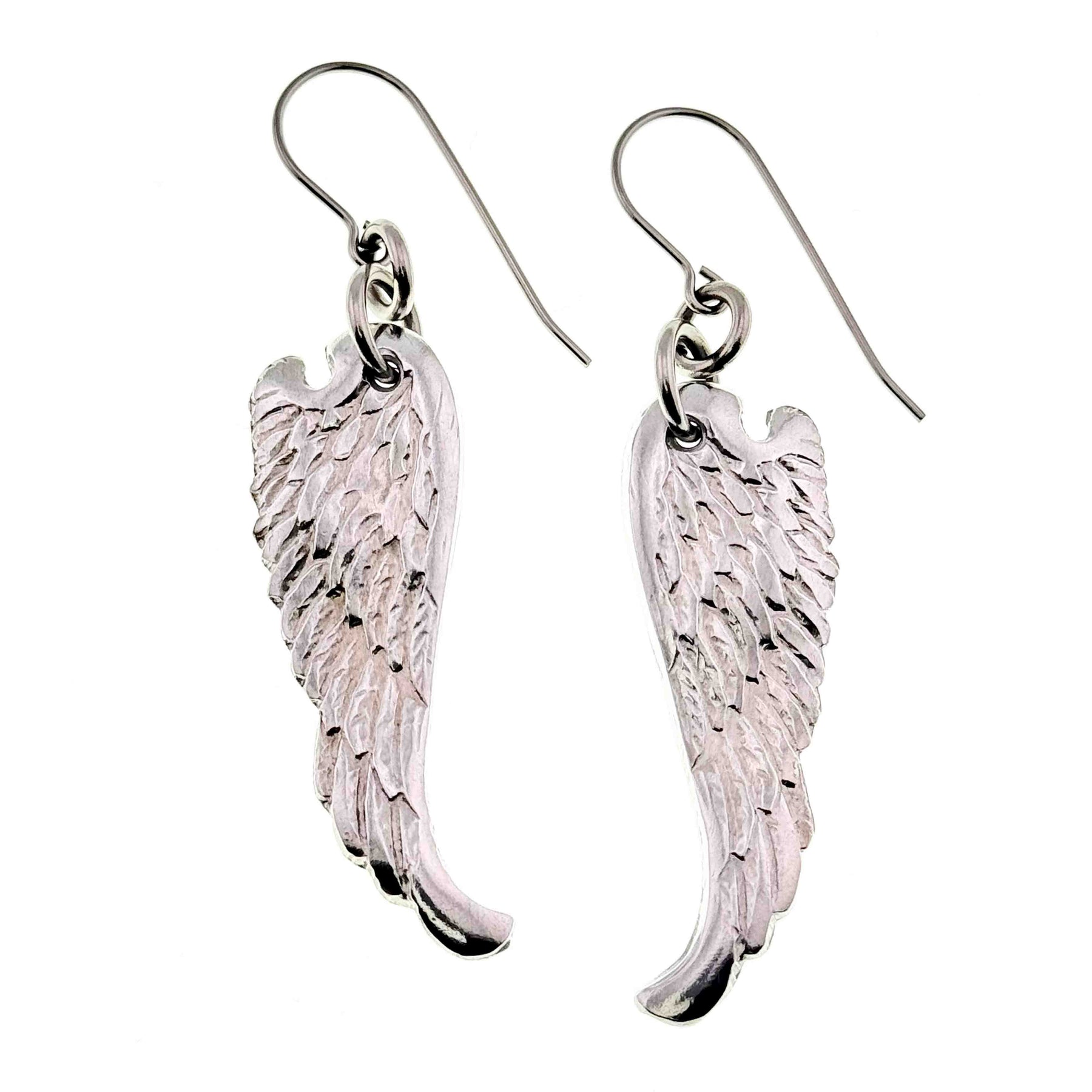 A Pair of Aluminum Guardian Angel Wing Drop Earrings on a White Background