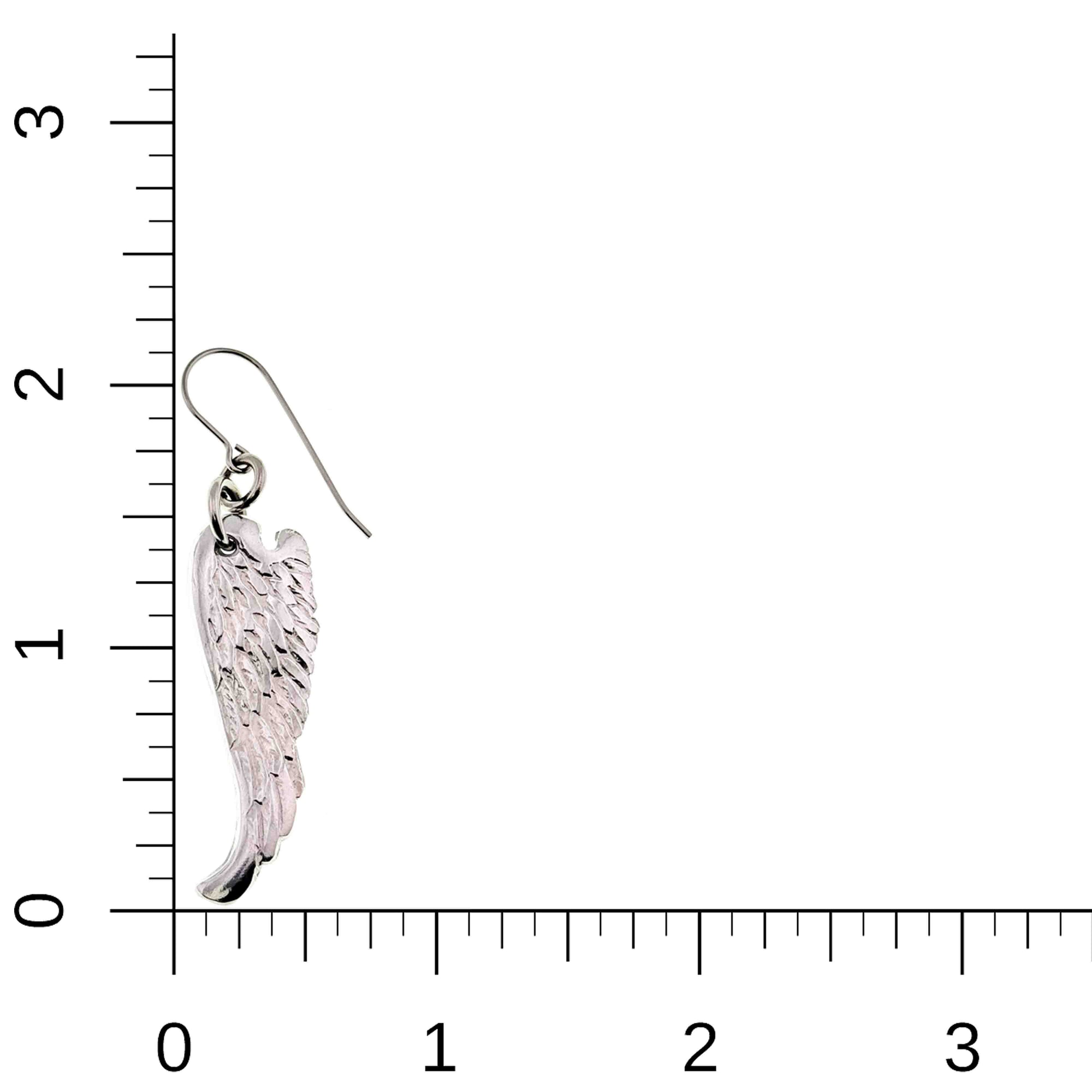 Aluminum Guardian Angel Wing Drop Earring on a ruler for scale